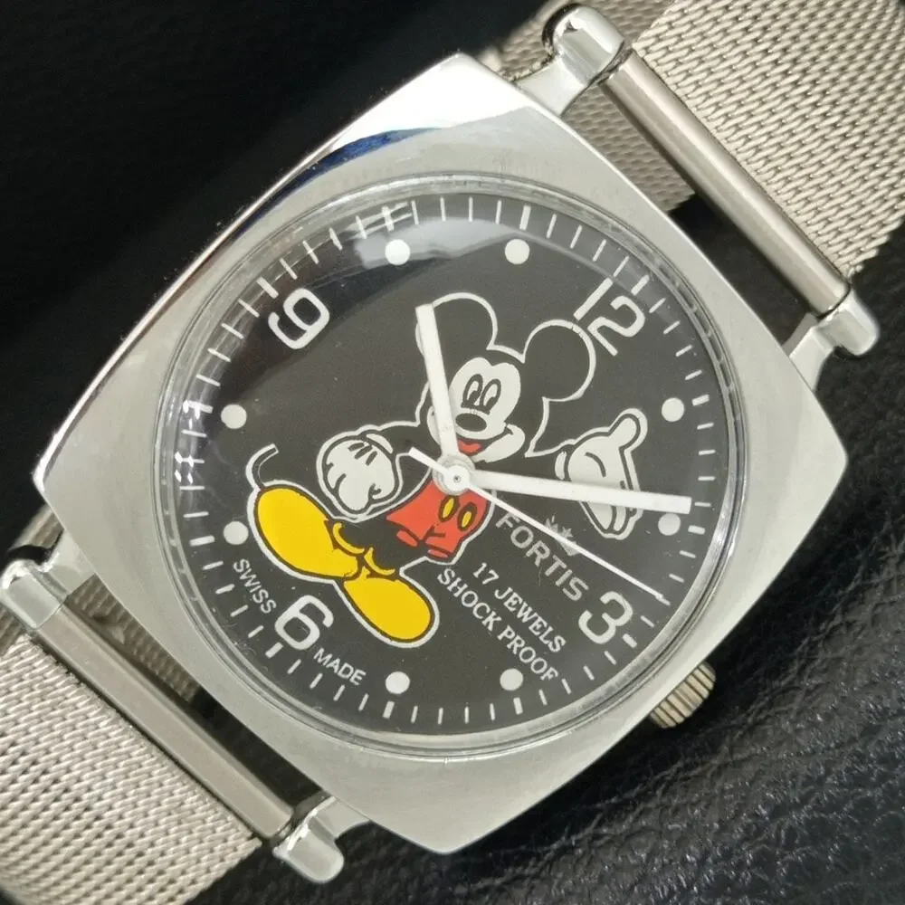 Vintage 1970 Disney Fortis Manual Mens Silver Watch W/Metal Strap & Mickey